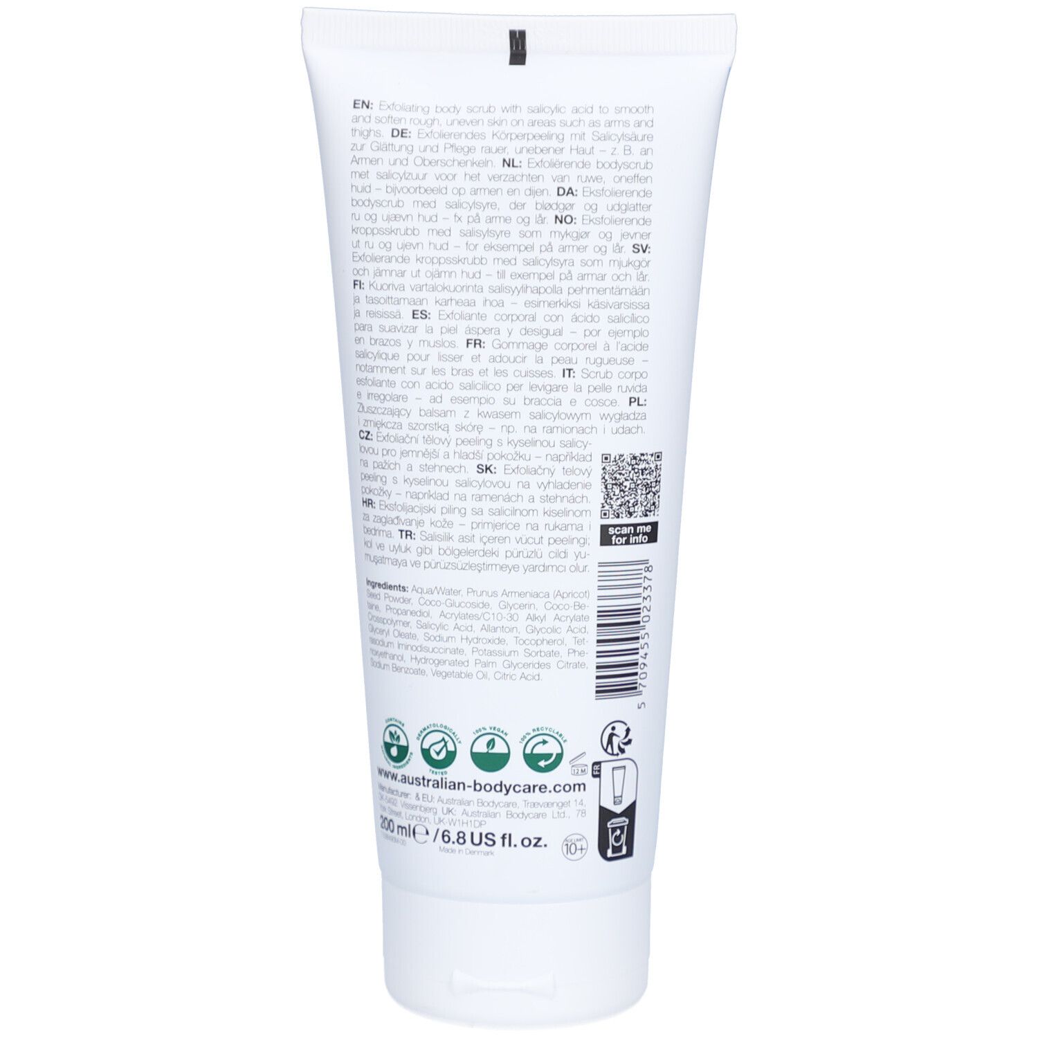 Weiße Tube-Rückseite mit Text. Text: Inhaltsstoffe, Anwendungshinweise, Zertifizierungen. Marke: Australian Bodycare.