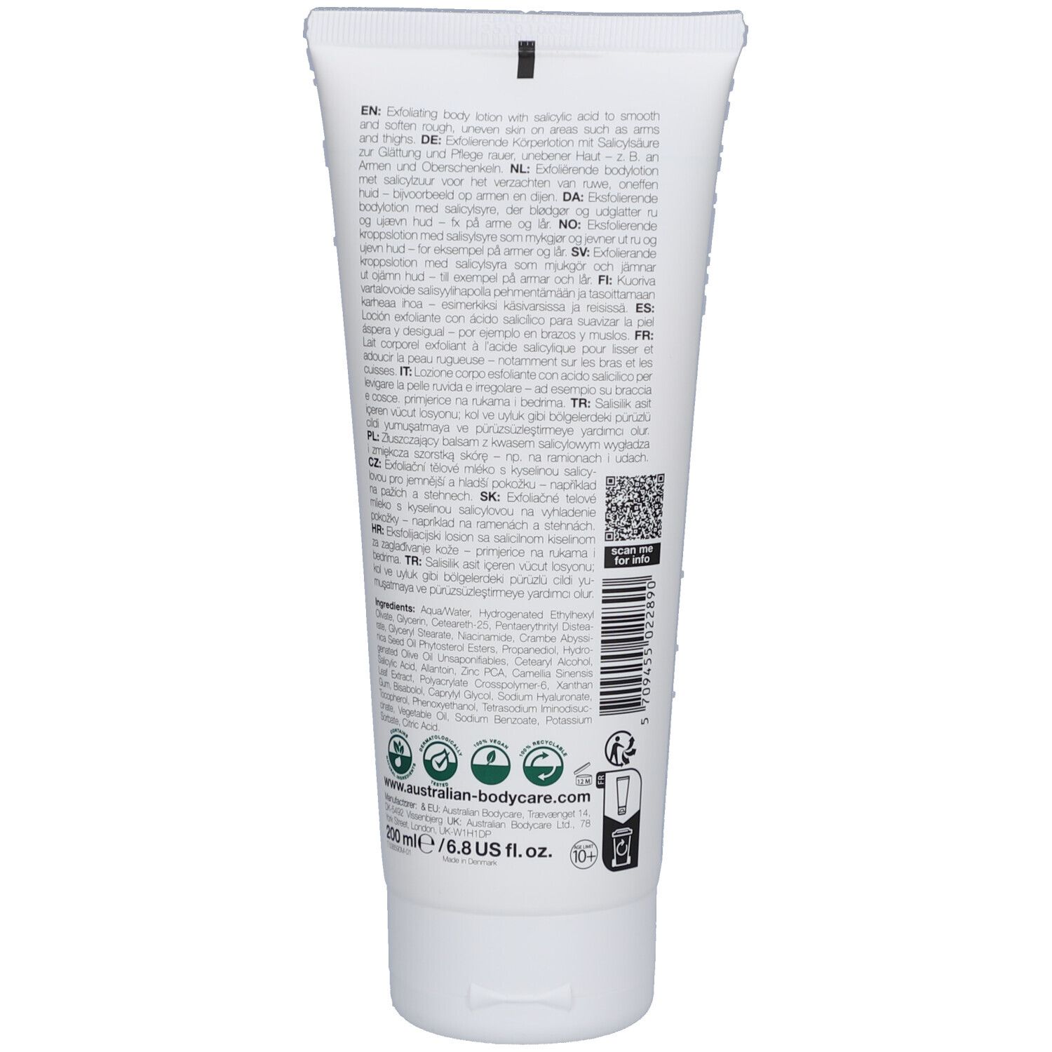 Dos du tube de lotion. Texte multilingue, code QR, logos, Australian Bodycare, 200 ml.