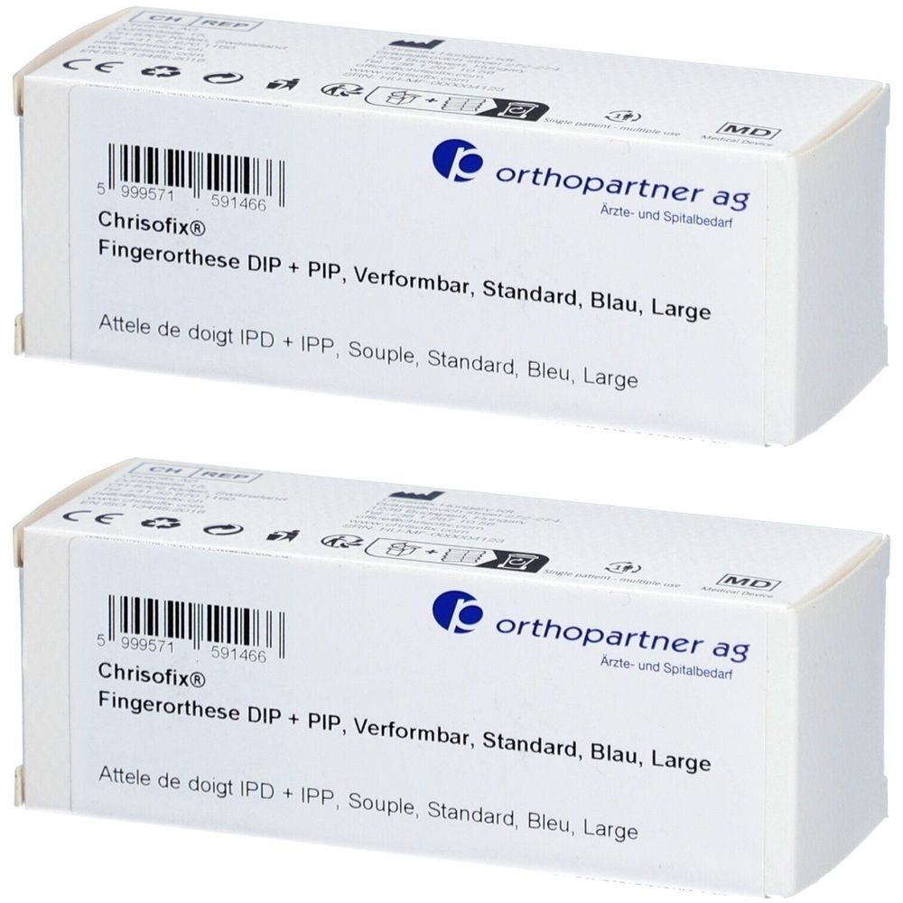 Zwei weiße Kartons. Aufschrift: Chrisofix Fingerorthese DIP+PIP, Standard, Blau, Large. Logo Orthopartner AG.