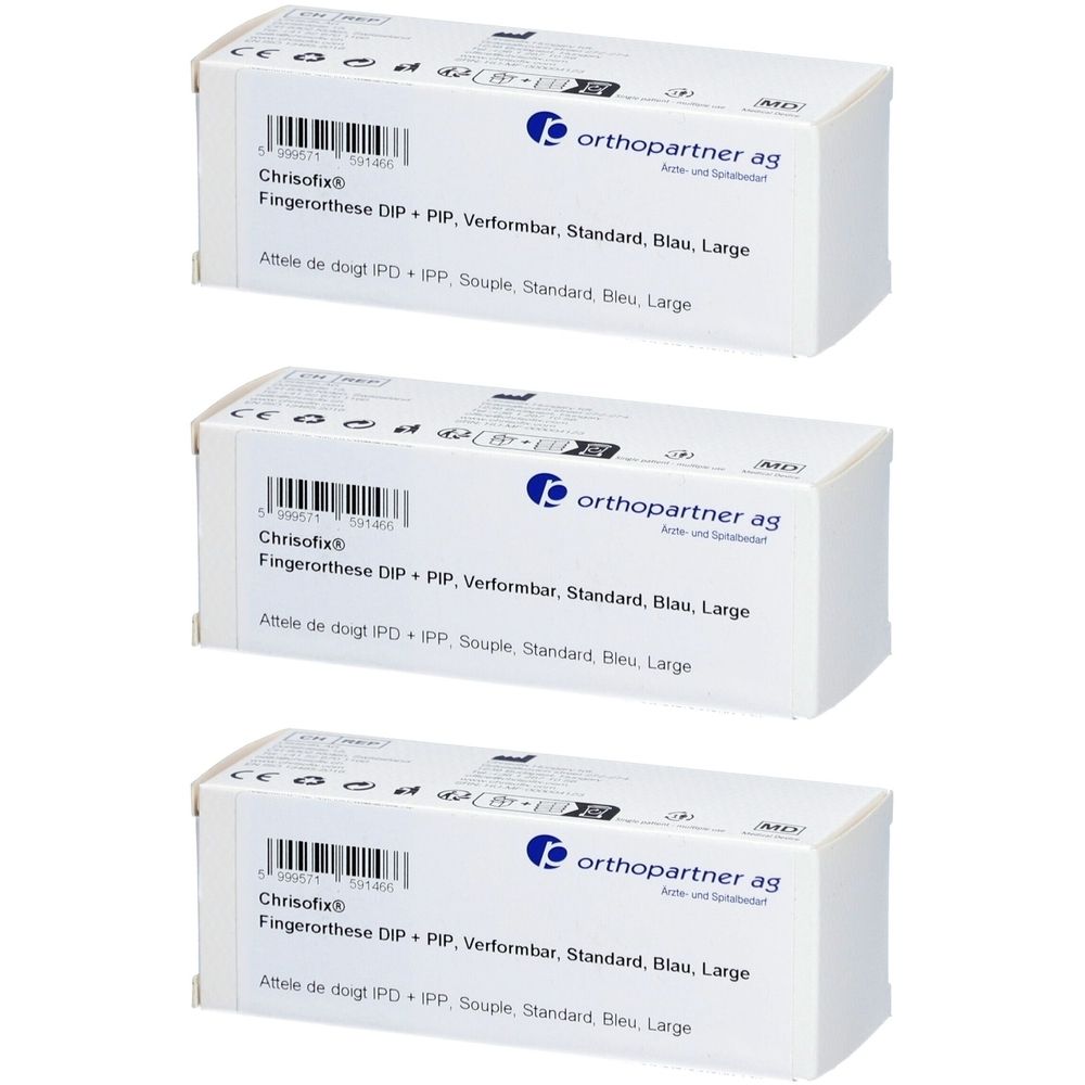 Drei weiße Kartons mit Produktbeschriftung. Aufschrift: Chrisofix Fingerorthese DIP+PIP, Standard, Blau, Large. Logo: orthopartner ag.