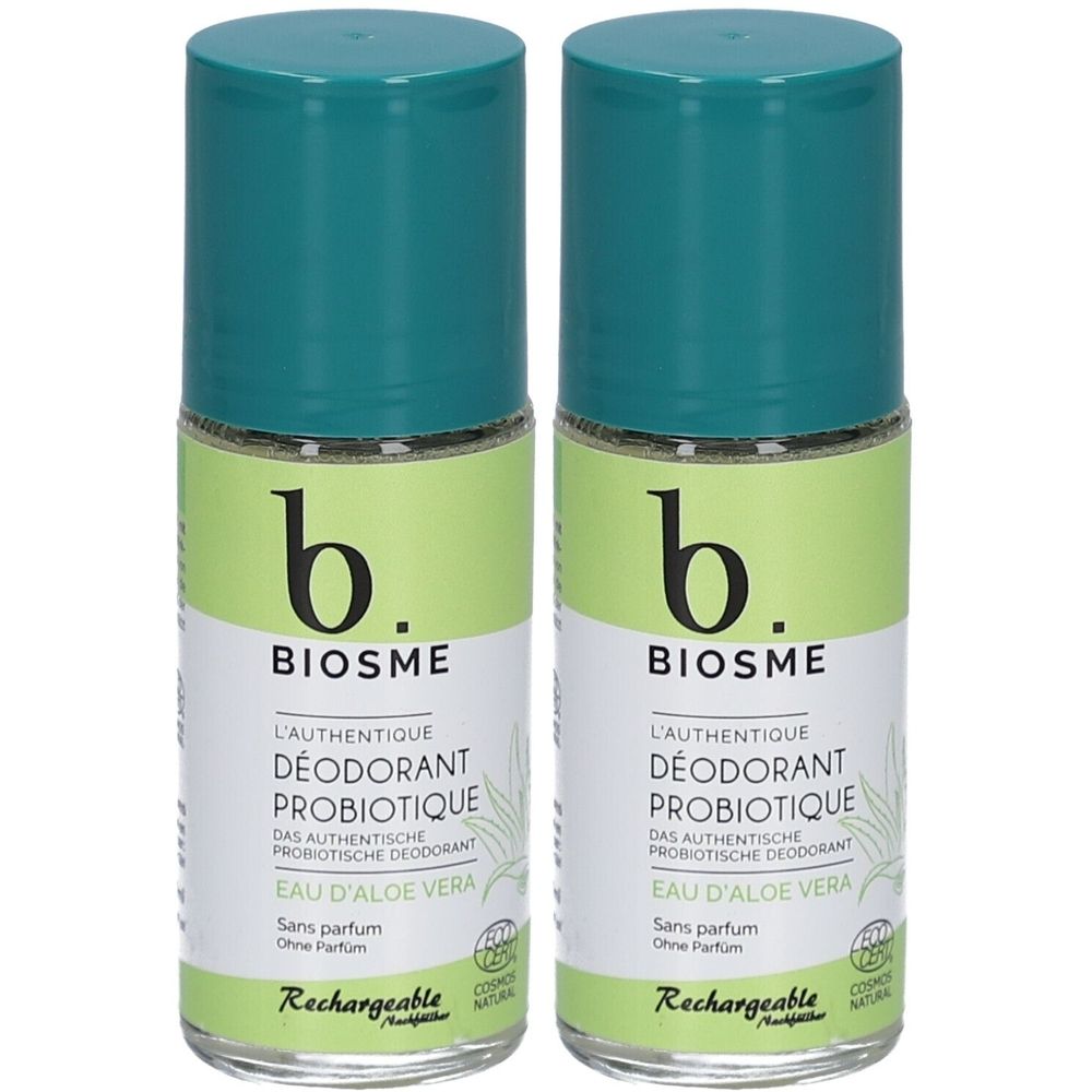 Deux déodorants roll-on avec bouchons verts. Inscription: BIOSME, DÉODORANT PROBIOTIQUE, Eau d'Aloe Vera, sans parfum. Certification.