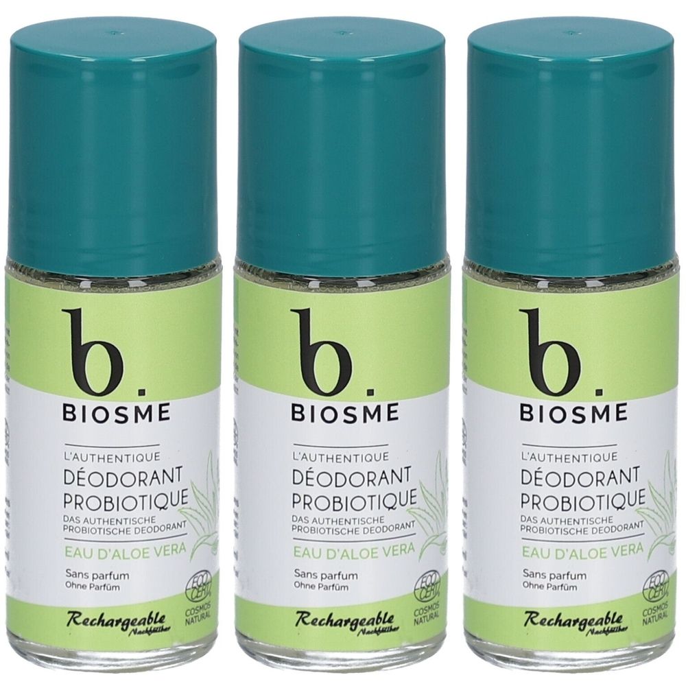 Trois déodorants roll-on avec bouchons verts. Inscription: BIOSME, L'AUTHENTIQUE DÉODORANT PROBIOTIQUE, EAU D'ALOE VERA, sans parfum. Avec label Cosmos Natural.