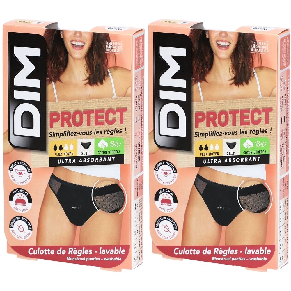 Deux boîtes de culottes menstruelles DIM Protect. Slips noirs avec détails en mesh. Emballage avec image du produit et texte.