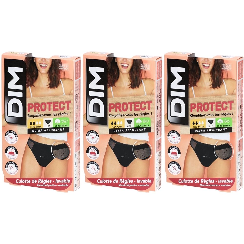 Trois boîtes identiques de culottes menstruelles DIM Protect. Culotte noire avec détails en mesh, ultra-absorbante, lavable.