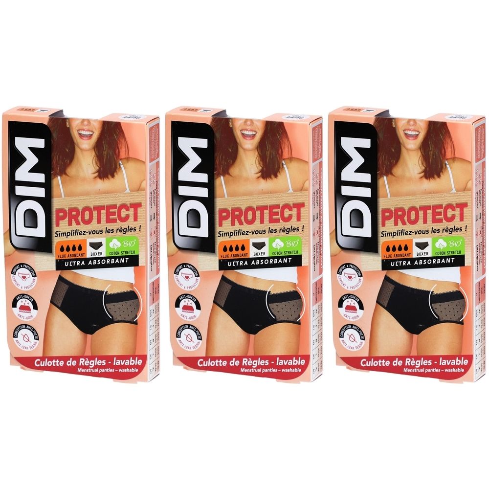 Trois boîtes de sous-vêtements menstruels noirs DIM Protect. Inscription: DIM, Protect, ultra-absorbant. Inscription en français.