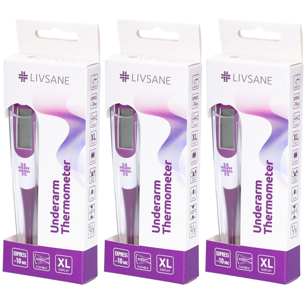 Trois thermomètres en emballage. Design blanc et violet. Écran XL, flexible. Logo LIVSANE. Inscription: Underarm Thermometer.