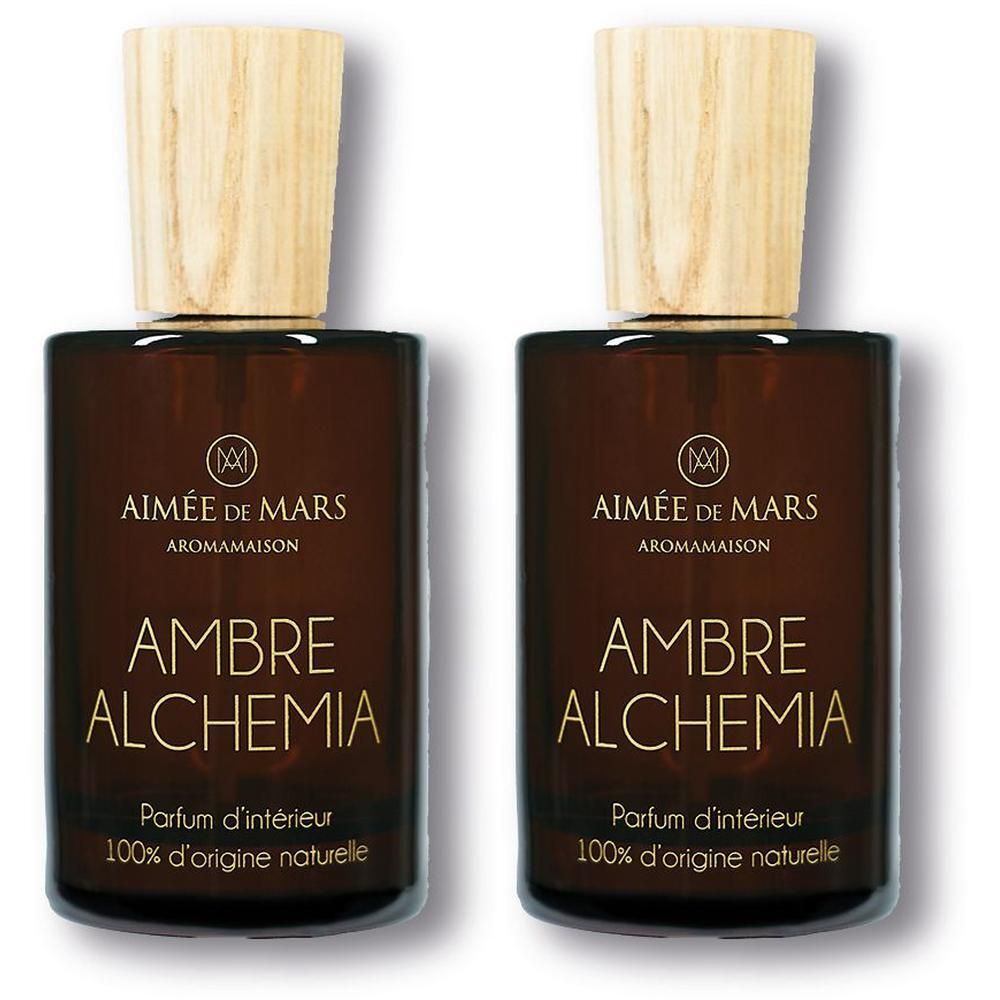Deux flacons de parfum d'ambiance Ambre Alchemia avec bouchon en bois.