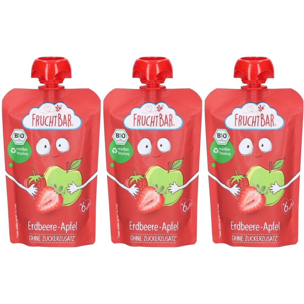 Trois gourdes rouges avec bouchon rouge. Impression "FruchtBar" et illustrations de pomme et fraise. Texte : "Erdbeere-Apfel ohne Zuckerzusatz".