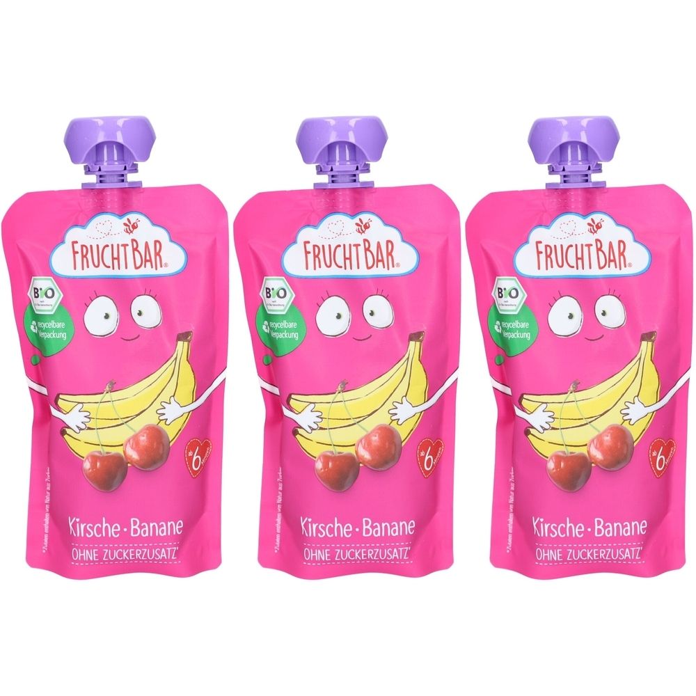 Drei pinkfarbene Quetschbeutel mit lila Verschluss. Aufdruck: FruchtBar, Kirsche-Banane, ohne Zuckerzusatz. Bio-Siegel, Banane, Kirschen.