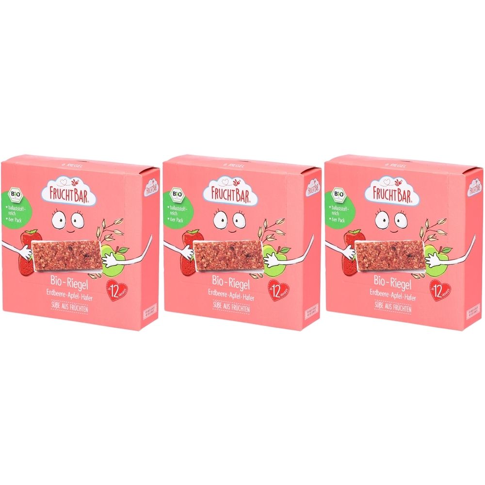 Trois boîtes roses avec le logo "FRUCHTBAR". Sur chaque boîte : barre bio, fraise-pomme-avoine, à partir de 12 mois. Avec label bio.