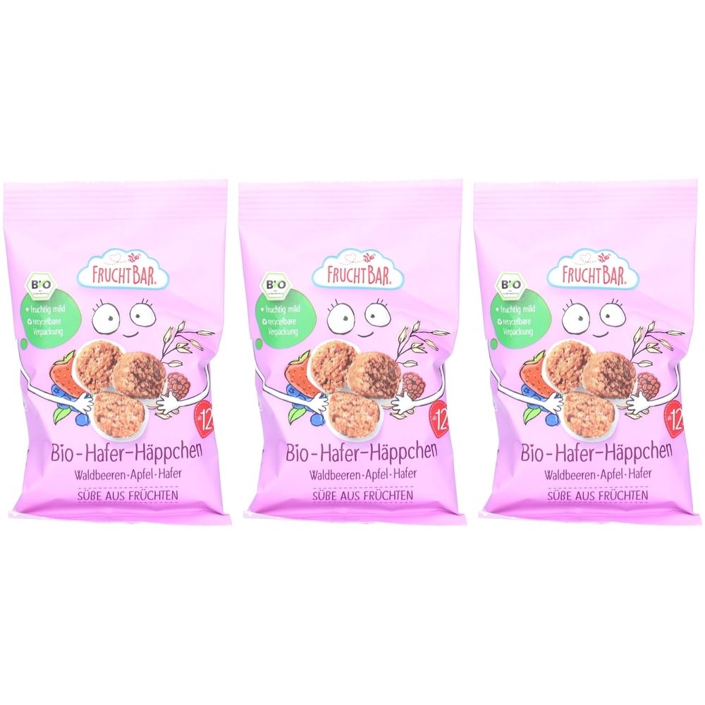 Trois sachets de FruchtBar Bio-Hafer-Häppchen. Emballage rose avec nom du produit et illustrations. Label bio et recommandation d'âge.