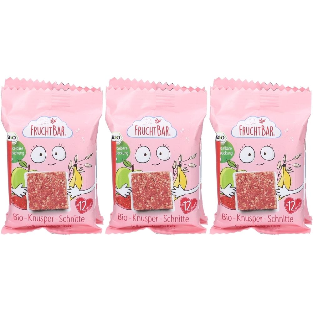 Drei rosa verpackte FruchtBar Bio-Knusper-Schnitte. Auf der Verpackung: Logo, Illustrationen von Obst und der Aufdruck "12".