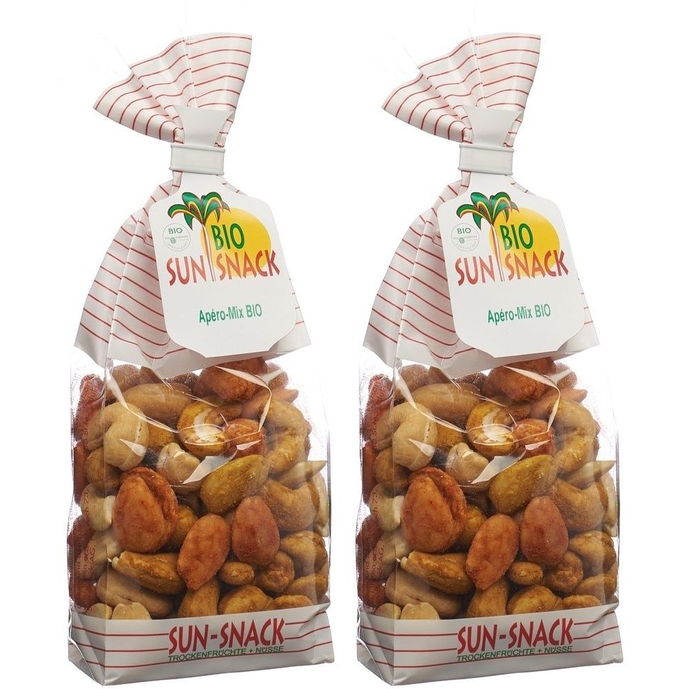 Deux sachets transparents de SUN SNACK Bio-Apéro-Mix. Inscription : SUN SNACK, BIO. Fermeture du sachet avec papier rayé rouge et blanc.