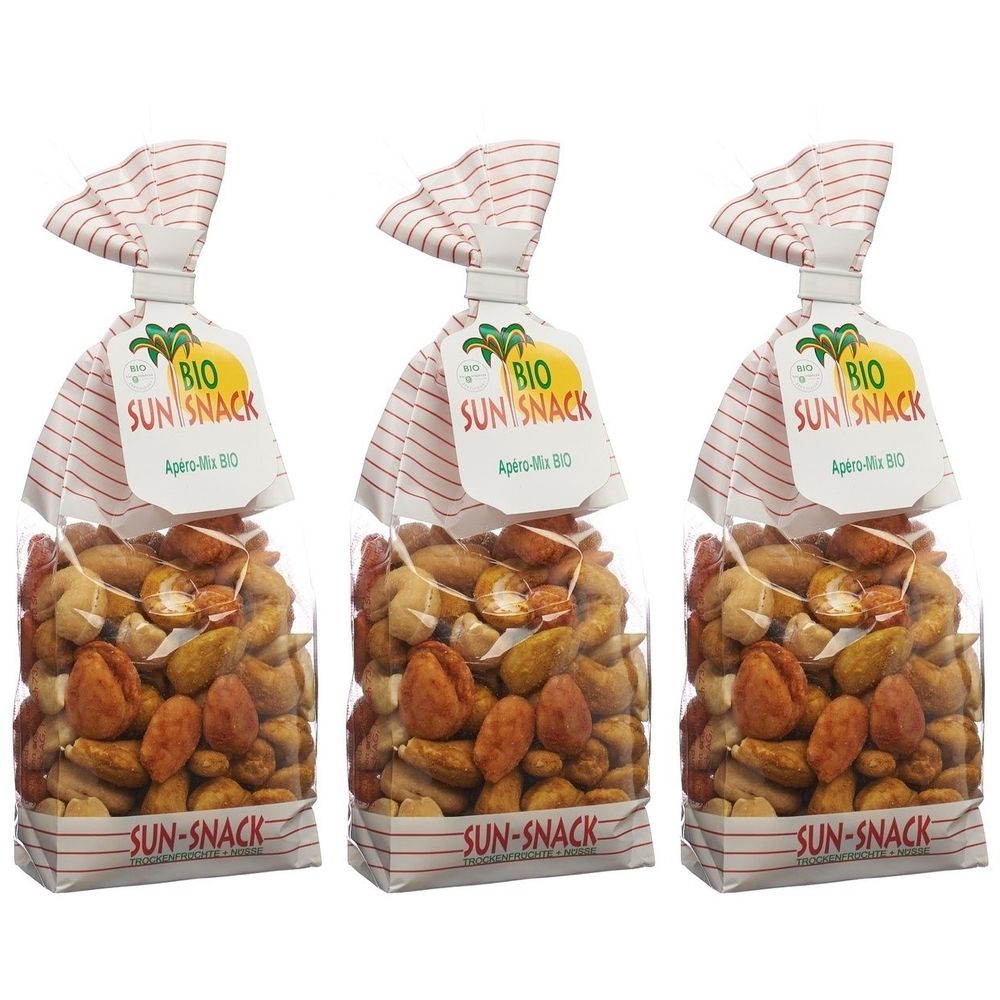 Trois sachets transparents de mélange apéritif bio. Inscription : BIO SUN SNACK. Noix et fruits secs visibles.