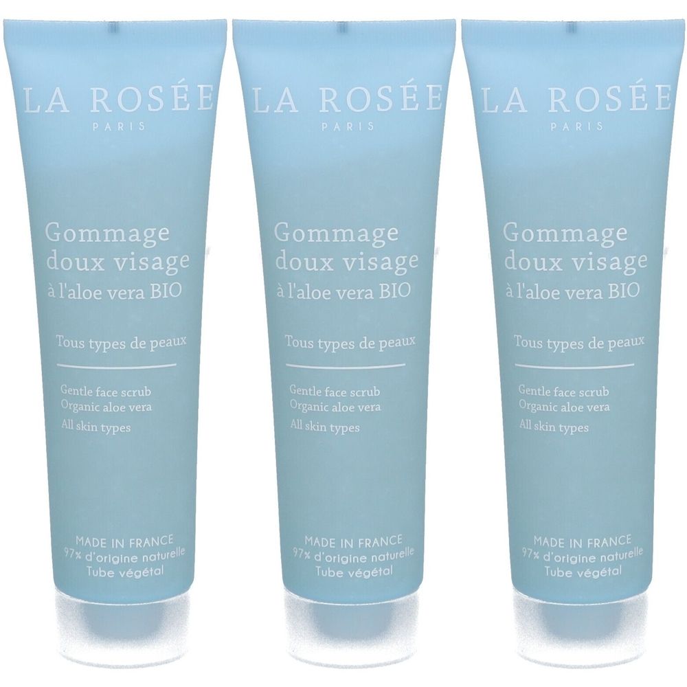 Trois tubes de gommage visage La Rosée. Bleu clair, impression blanche. Texte: Gommage doux visage à l'aloe vera BIO. Tous types de peaux.