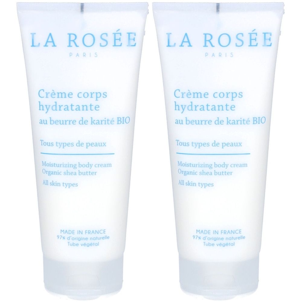 Deux tubes de crème hydratante. Inscription: LA ROSÉE, Crème corps hydratante, au beurre de karité BIO. Pour tous types de peaux. Fabriqué en France.