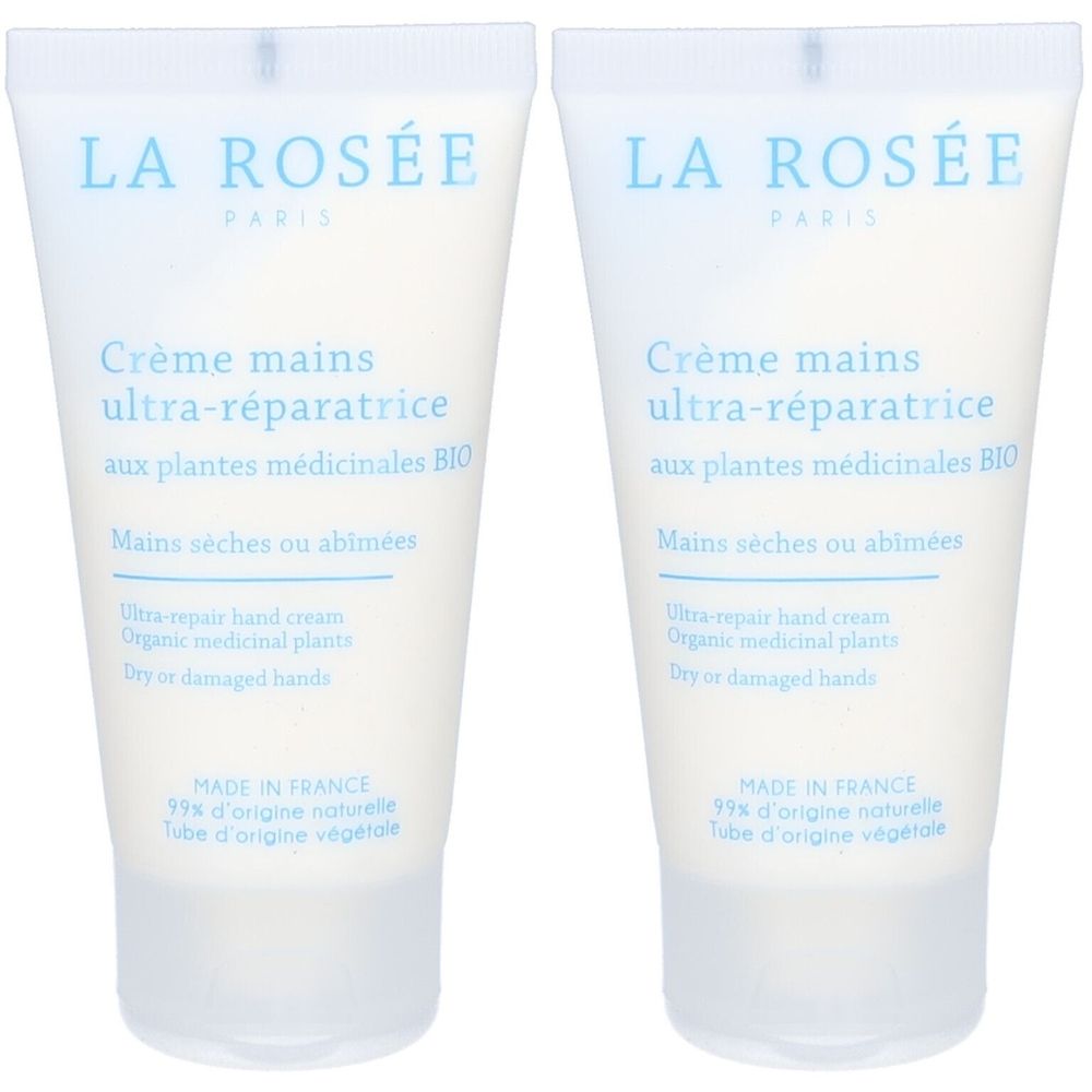 Zwei Tuben Handcreme. Aufschrift: LA ROSÉE, Crème mains ultra-réparatrice, aux plantes médicinales BIO. Hergestellt in Frankreich.