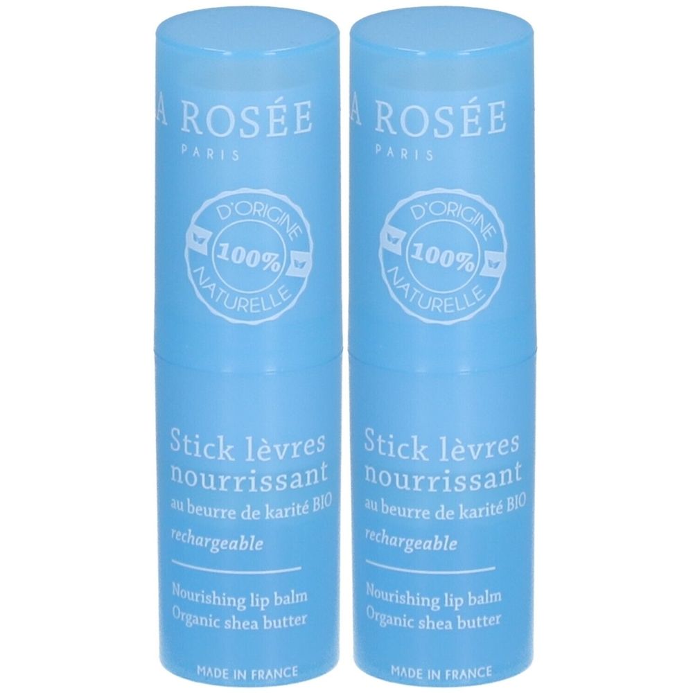 Deux sticks à lèvres bleus. Inscription: LA ROSÉE, Stick lèvres nourrissant, 100% naturelle. Fabriqué en France.