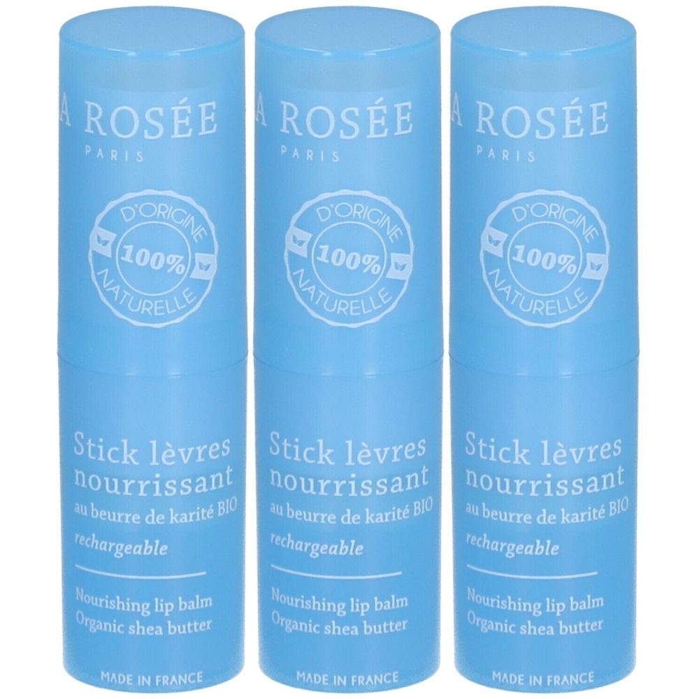 Trois sticks à lèvres bleus. Inscription : LA ROSÉE, Stick lèvres nourrissant, 100% naturelle. Fabriqué en France.