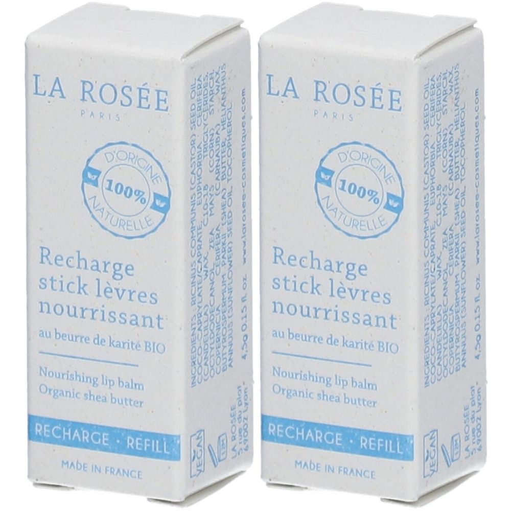 Deux boîtes rectangulaires blanches. Inscription: LA ROSÉE, Recharge stick lèvres nourrissant, 100% naturelle, au beurre de karité BIO.