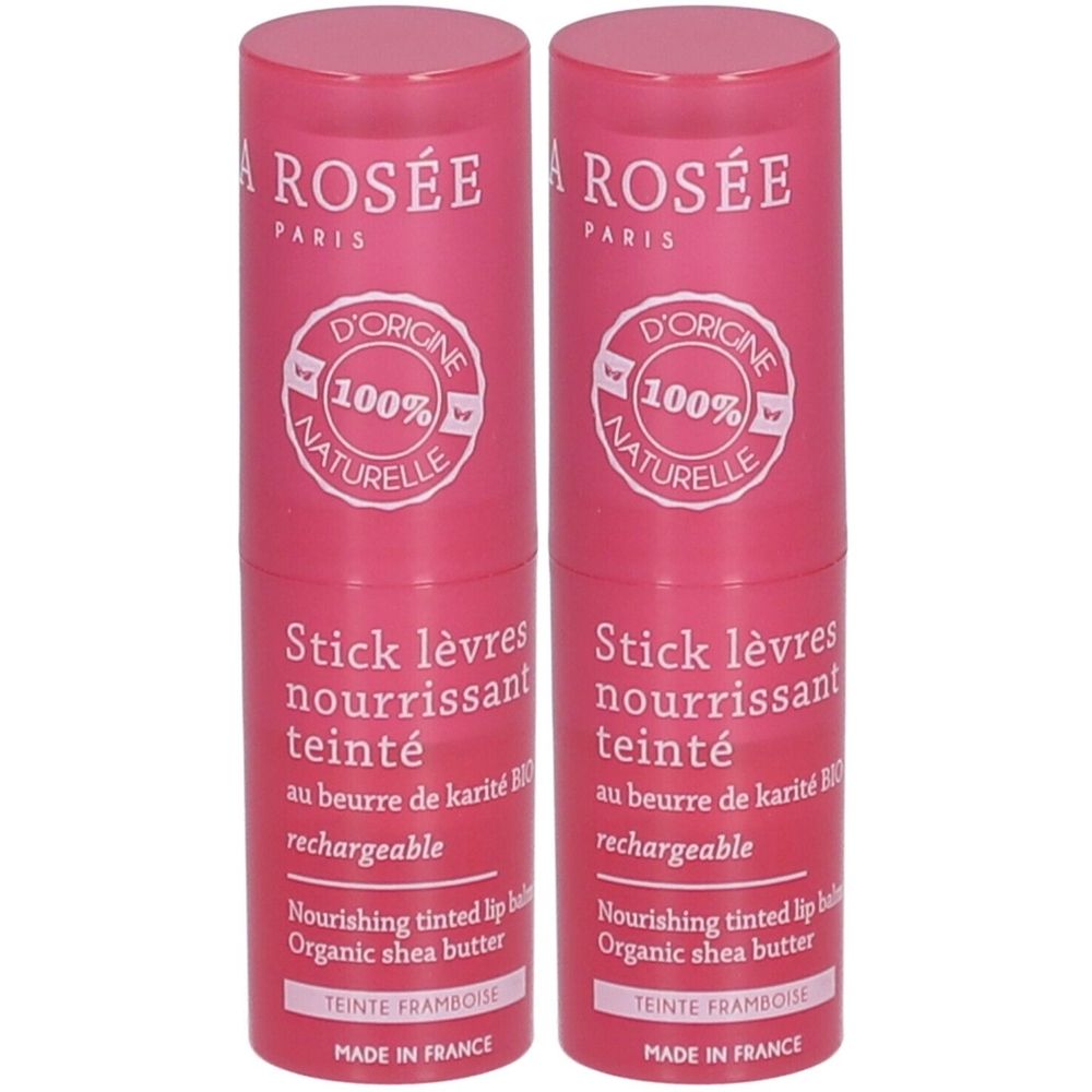 Deux sticks à lèvres roses. Inscription: LA ROSÉE, Stick lèvres nourrissant teinté, 100% naturelle. Fabriqué en France.