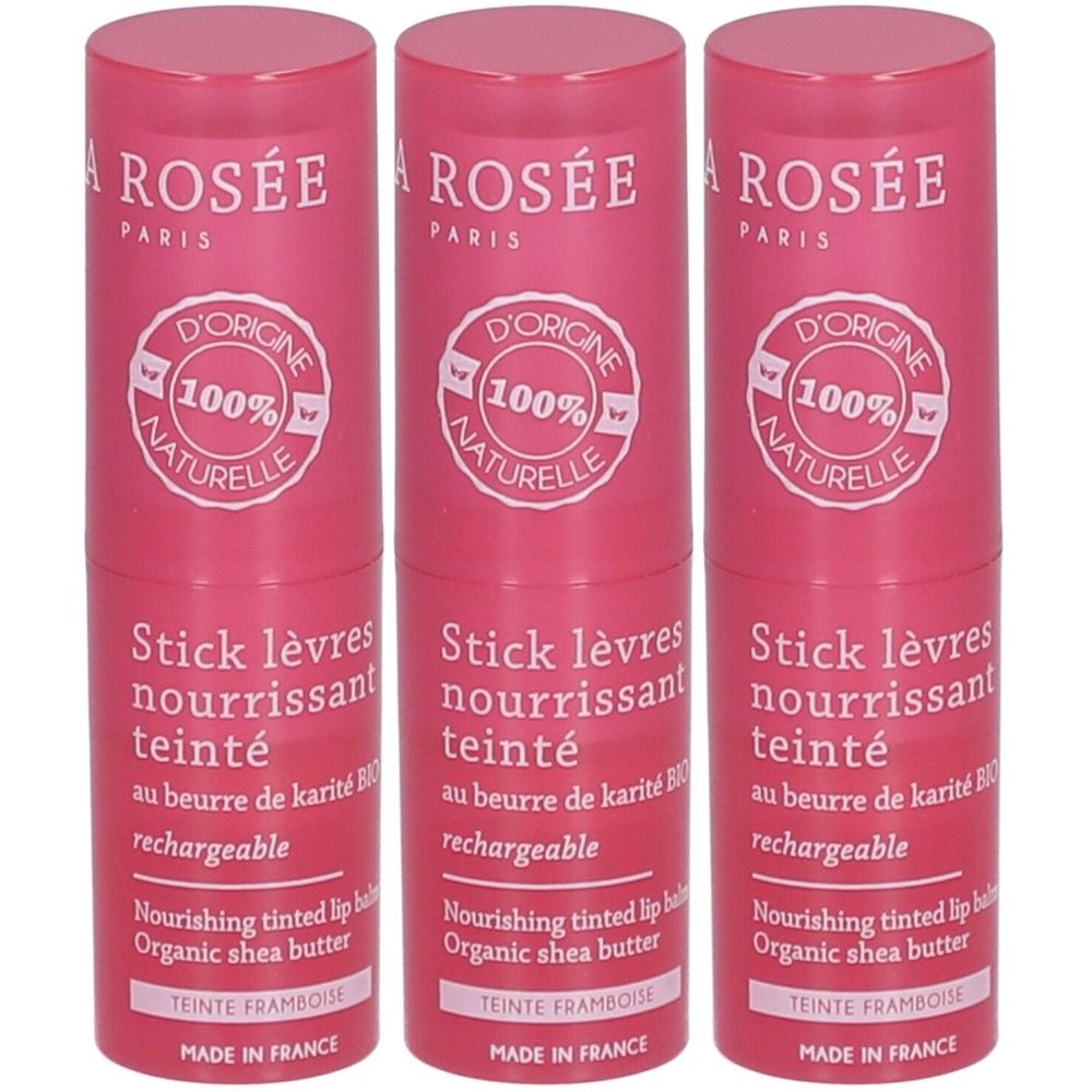 Trois sticks à lèvres roses. Inscription: LA ROSÉE PARIS, D'ORIGINE NATURELLE, Stick lèvres nourrissant teinté, au beurre de karité, rechargeable.