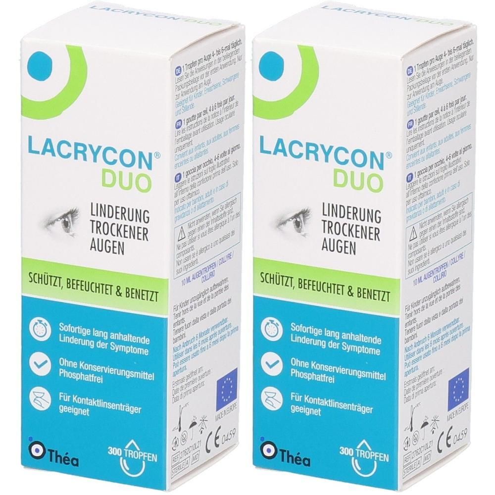 Zwei Packungen Lacrycon Duo, 300 Tropfen. Lindert trockene Augen, schützt, befeuchtet und benetzt.
