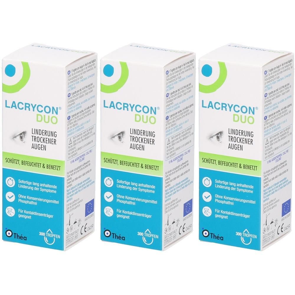 Drei Packungen Larycon Duo Augentropfen für trockene Augen, 300 Tropfen pro Packung.