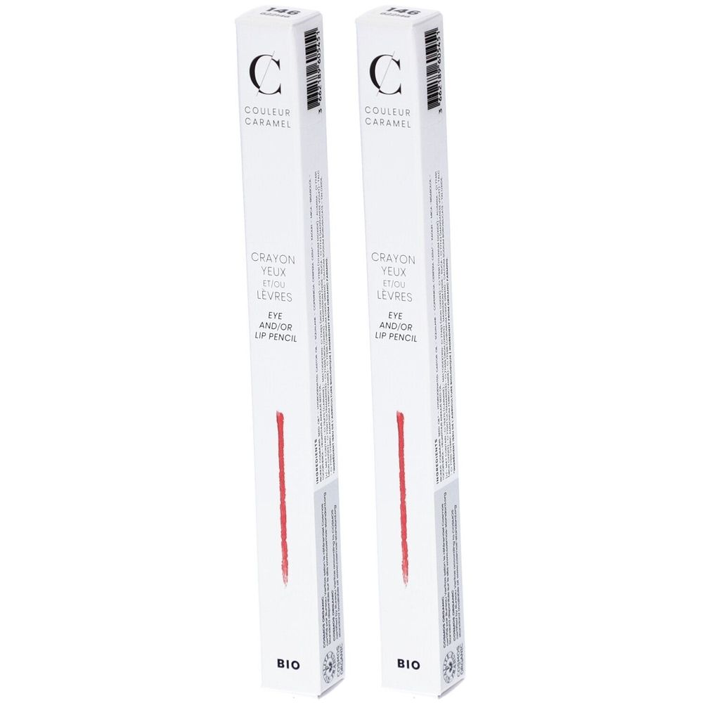 Zwei längliche, weiße Verpackungen mit Produktinformationen. Aufgedruckt sind Logos und Schriftzüge, darunter "COULEUR CARAMEL" und "BIO".