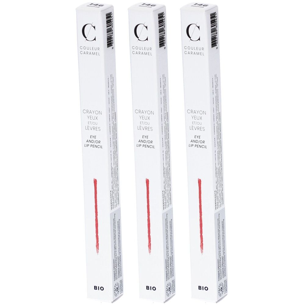 Drei längliche Verpackungen mit Aufschrift COULEUR CARAMEL. Text: CRAYON YEUX ET/OU LEVRES. Roter Strich. BIO-Logo.