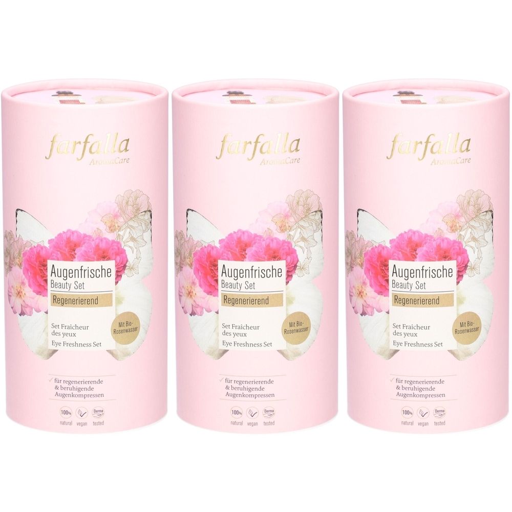 Drei zylindrische rosa Verpackungen. Auf jeder steht "farfalla" und "Augenfrische Beauty Set". Blumenmuster und Text in Deutsch und Französisch.