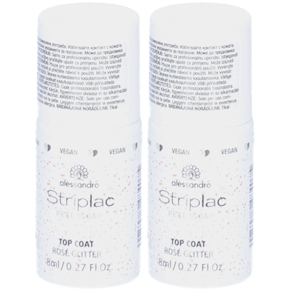 Deux flacons blancs. Alessandro Striplac Top Coat Rosé Glitter. Vegan. 8ml/0.27 FL OZ. Inscription.