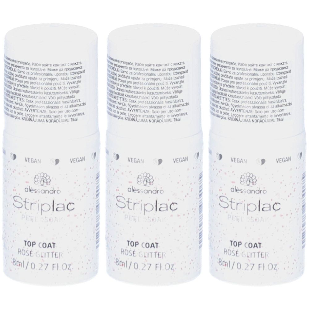 Trois flacons de vernis à ongles. Récipient blanc avec couvercle. Inscription : Striplac, Top Coat, Rose Glitter, 8ml/0.27 FL OZ. Vegan.