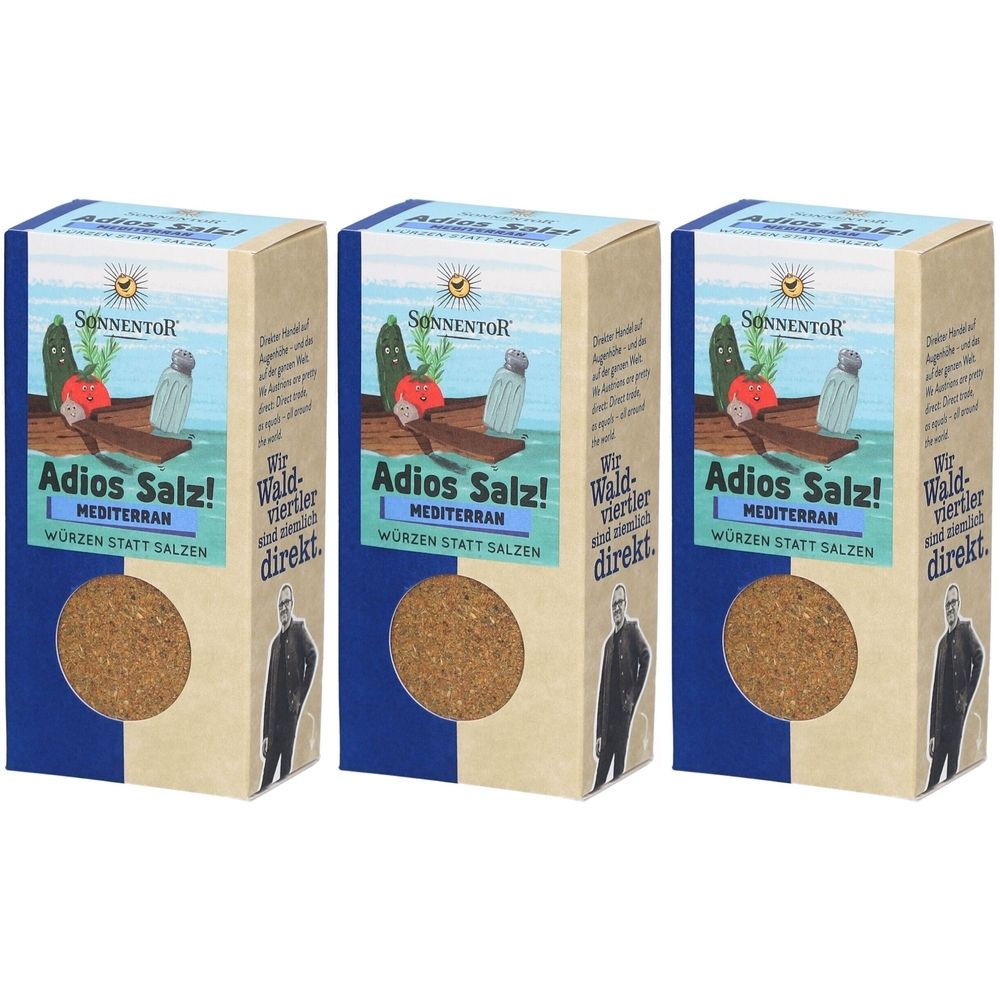 Trois boîtes rectangulaires avec impression. Inscription : Adios Salz! Mediterran. Marque : SONNENTOR. Produit visible : poudre brune dans une fenêtre ronde.