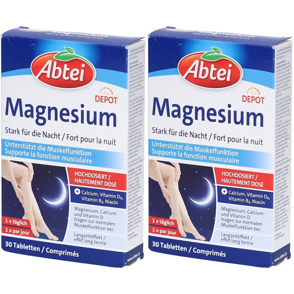 Zwei Schachteln ABTEI Magnesium. Blaue Verpackung mit weißer Schrift. Enthält 30 Tabletten. Text: Stark für die Nacht.