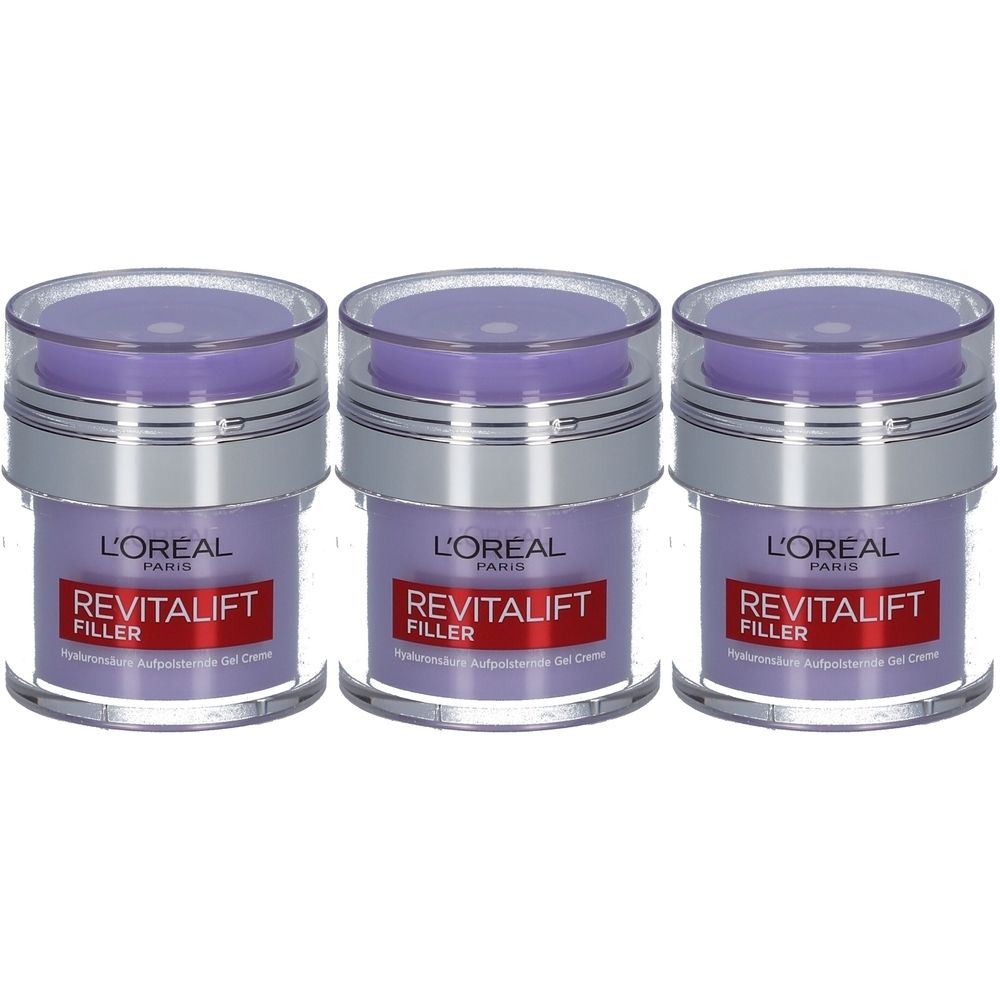 Drei Tiegel L'Oréal Revitalift Filler Tagespflege SPF50. Lila Deckel, silberner Ring, violetter Behälter. Roter Aufkleber mit Text.