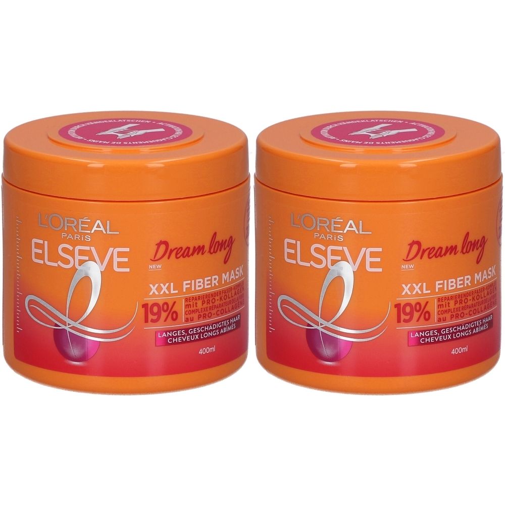 Deux pots oranges L'Oréal Elseve Dream Long Masque. Inscription: XXL Fiber Mask, 19%. Couvercles avec logo. 400ml.