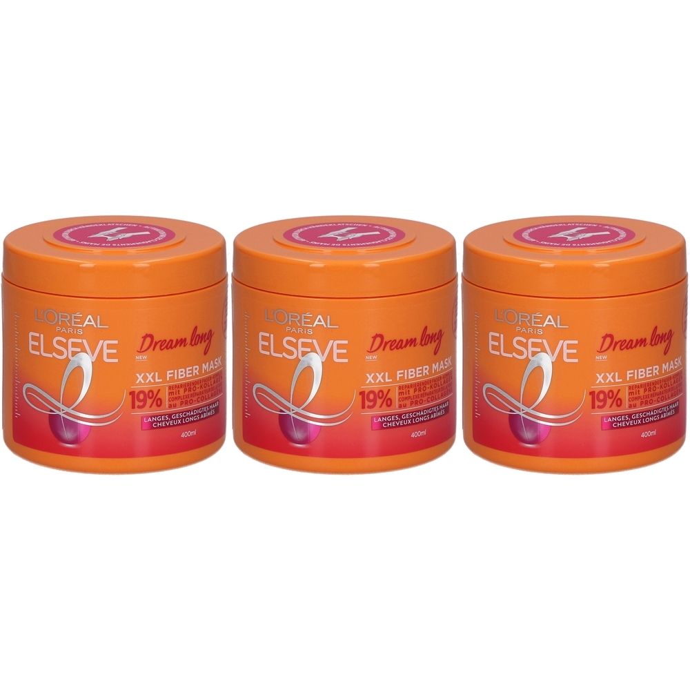 Trois pots oranges avec couvercles. Inscription: L'Oréal Elseve Dream long XXL Fiber Mask. Logo rose sur le couvercle.