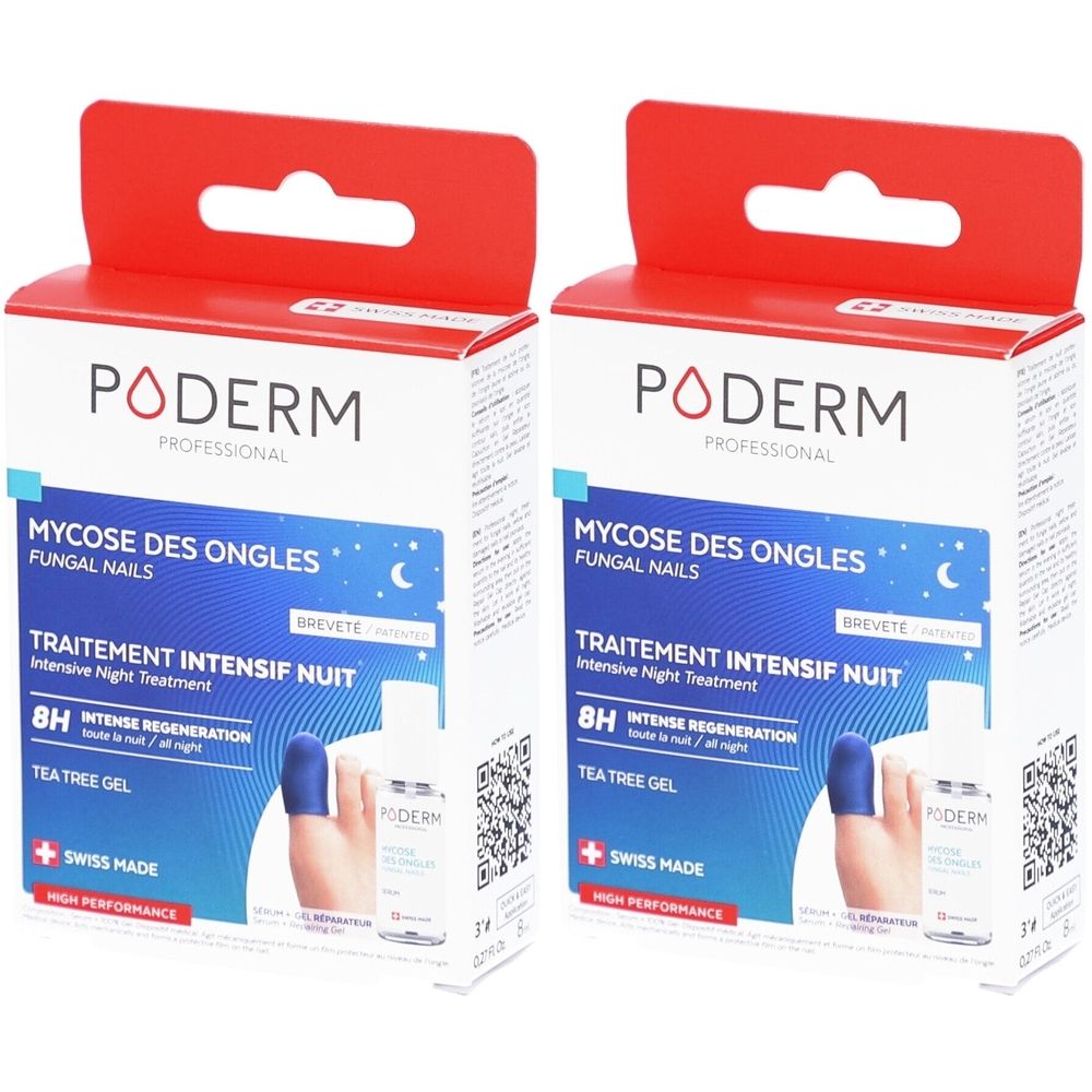 Zwei Schachteln Poderm Nagelpilz-Intensivbehandlung. Weiße Schachteln mit rotem Aufhänger. Blaue und weiße Schriftzüge. Schweizer Kreuz.