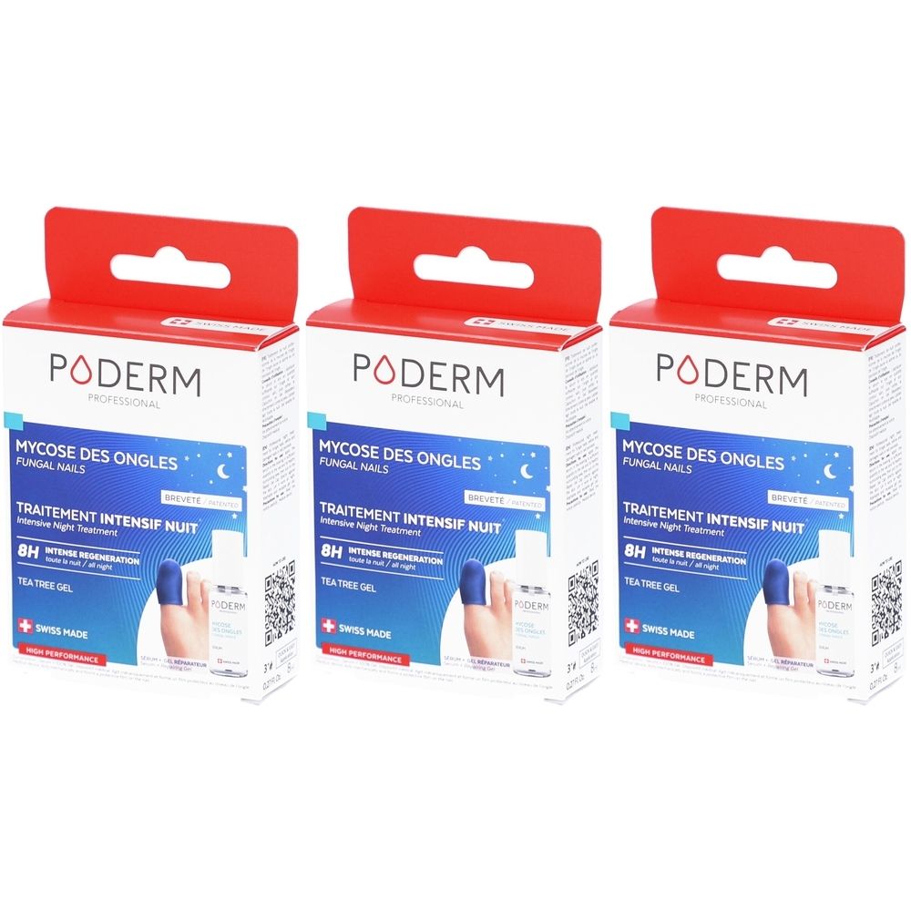 Drei Schachteln mit roter Oberseite. Aufgedruckt: PODERM, Mykose des Ongles, Behandlung für Nägel. Schweizer Produkt.