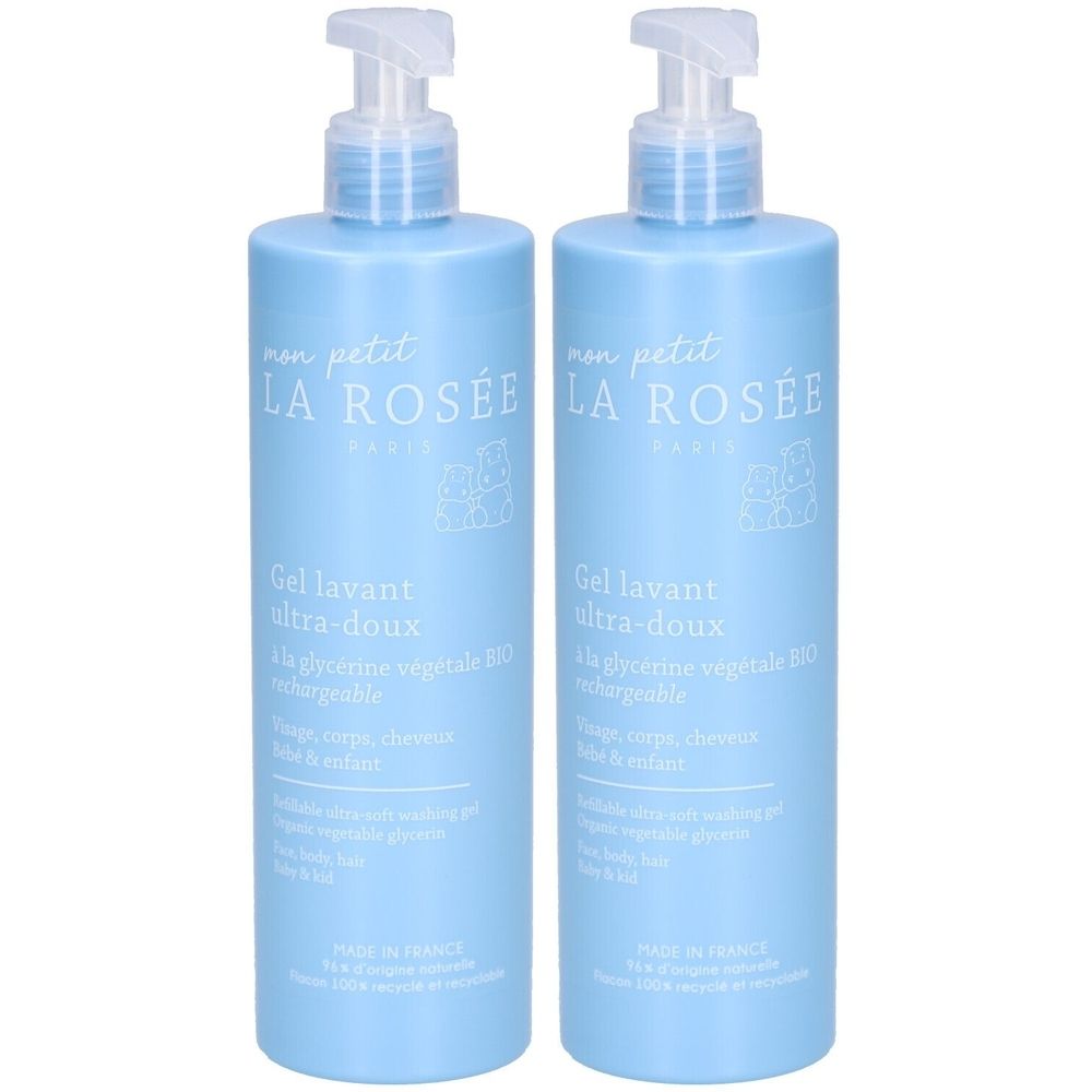 Deux flacons bleu clair avec pompe. Inscription : LA ROSÉE, Gel lavant ultra-doux. Pour corps, cheveux et bébé. Avec glycérine végétale bio.