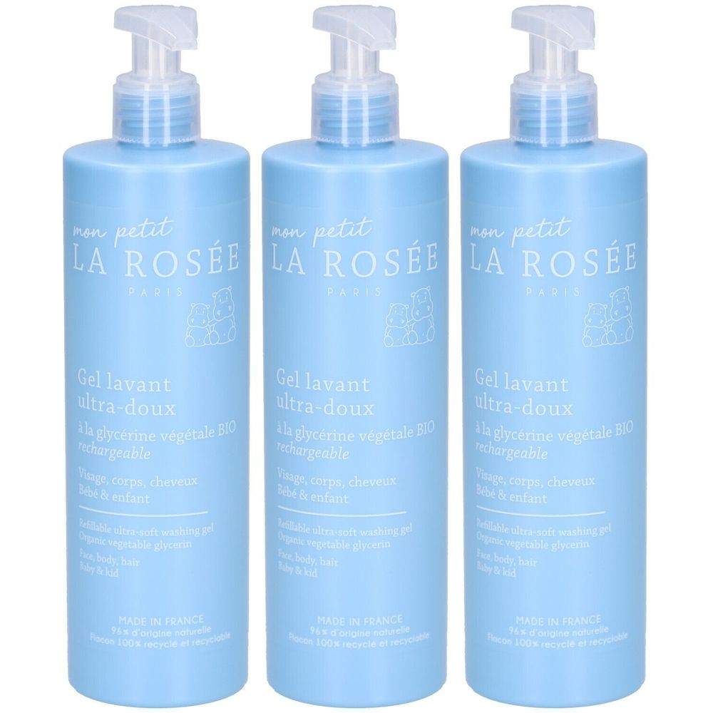 Trois flacons bleu clair avec pompe. Chaque flacon porte l'inscription « LA ROSÉE » et « Gel lavant ultra-doux ».