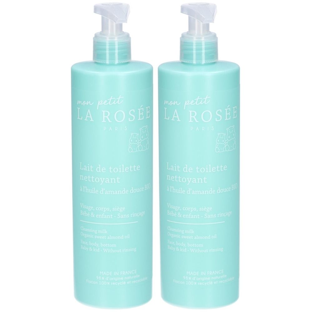 Deux flacons turquoise clair avec pompe. Inscription: LA ROSÉE, Lait de toilette nettoyant. Pour visage, corps, bébés.