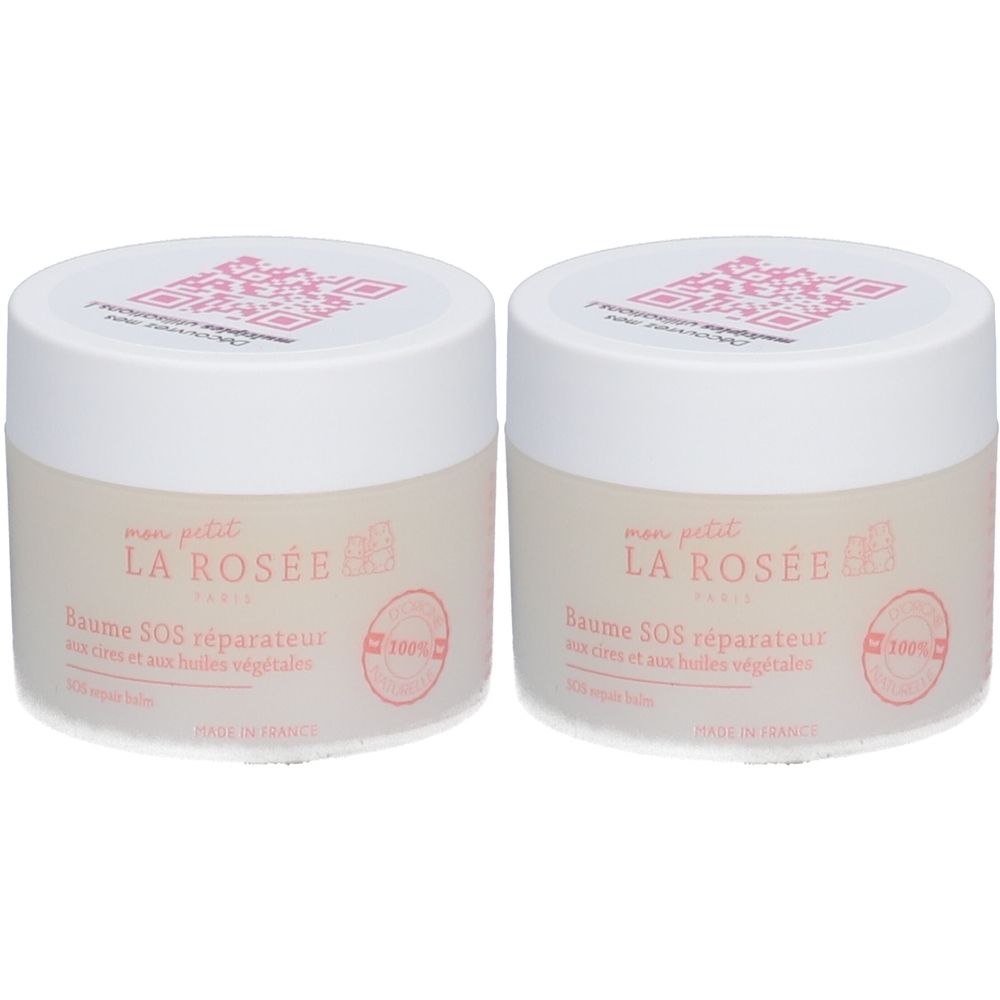 Deux pots crème avec couvercles blancs. Inscription "LA ROSÉE PARIS" et "Baume SOS réparateur". Un code QR est visible sur le couvercle.