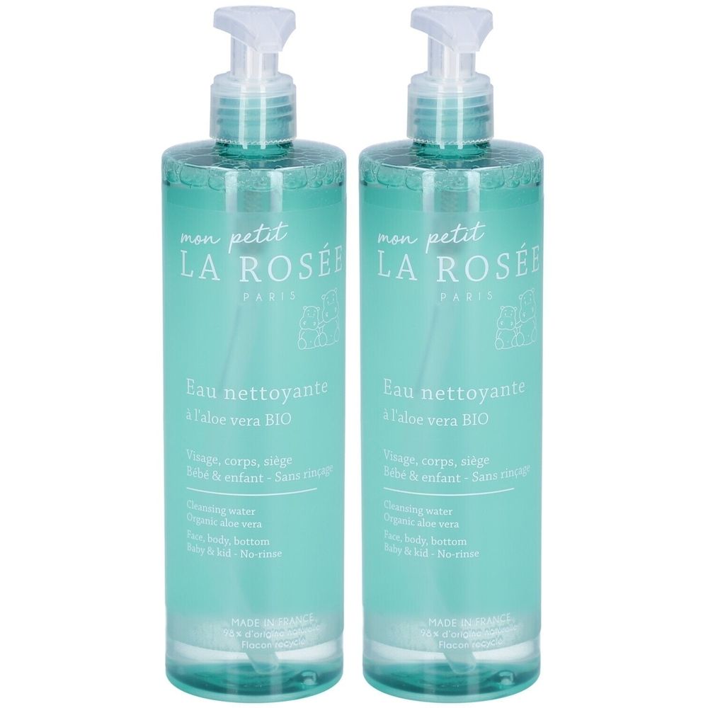 Deux flacons de nettoyant bébé avec pompe. Inscription: "mon petit LA ROSÉE PARIS". Texte: "Eau nettoyante à l'aloe vera BIO".
