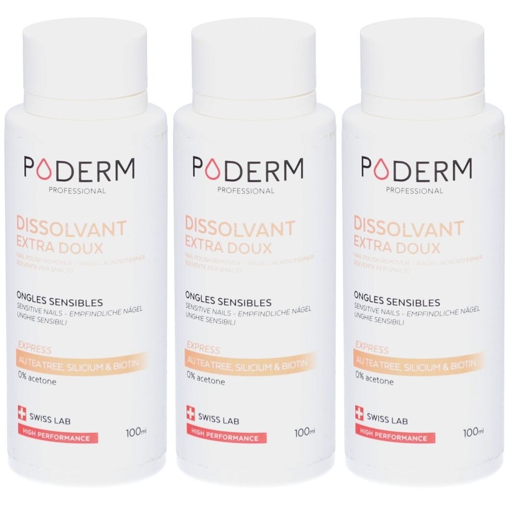 Trois flacons de dissolvant. Flacon blanc avec bouchon blanc. Inscription: PODERM, DISSOLVANT EXTRA DOUX.