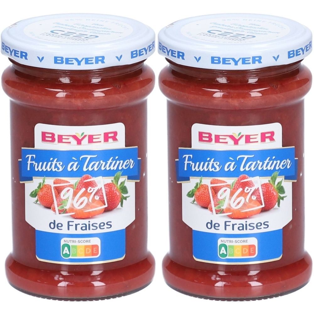 Zwei Gläser Fruchtaufstrich. Aufschrift: BEYER, Fruits à Tartiner, 96% de Fraises. Deckel mit BEYER-Schriftzug. Nutri-Score-Label.