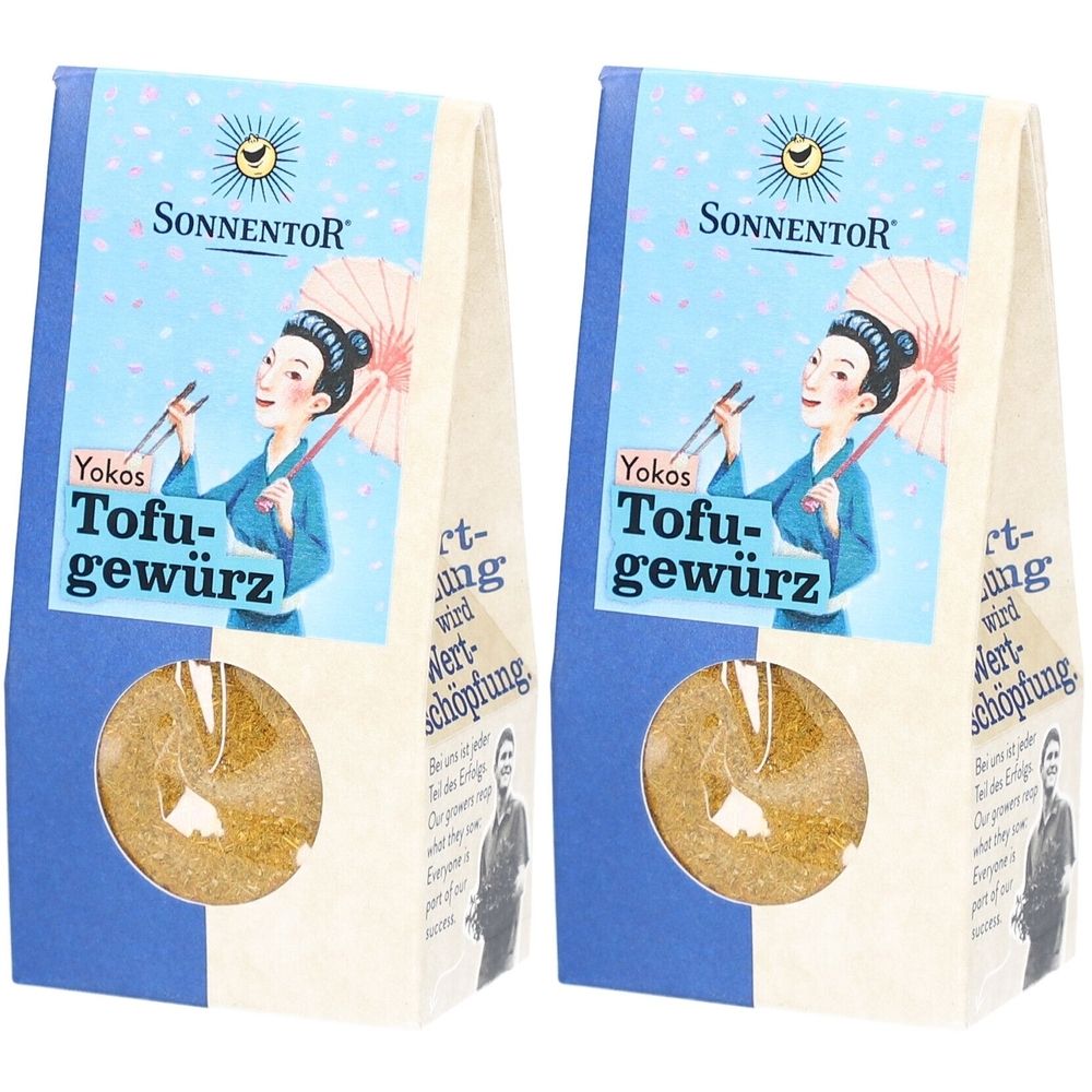 Zwei Beutel SONNENTOR Tofu-Gewürz. Aufdruck: Yokos, Frau mit Schirm und Stäbchen. Sichtfenster mit Gewürzmischung.