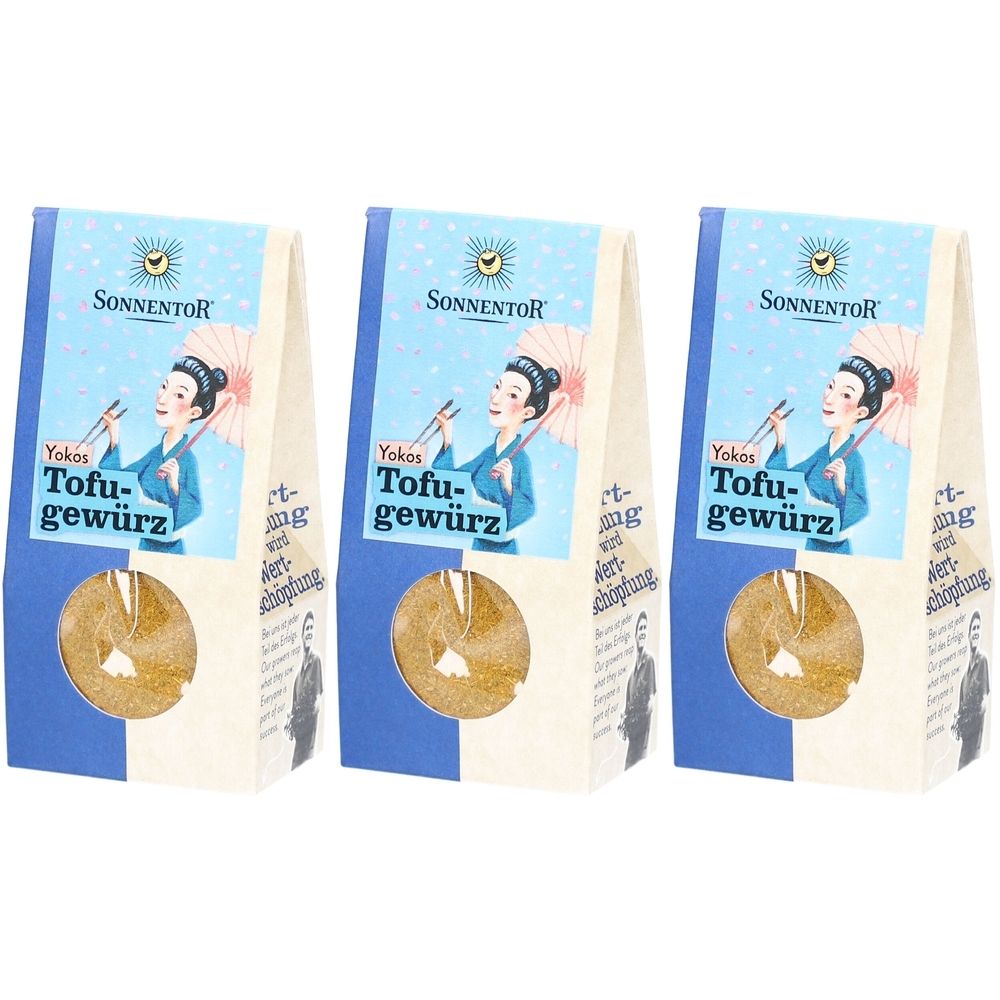 Drei Beutel SONNENTOR Tofu-Gewürz. Aufdruck mit Frau, Sonnensymbol und Produktbezeichnung. Sichtfenster mit Gewürzmischung.