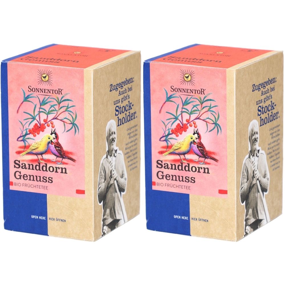 Deux boîtes en carton avec l'inscription "SONNENTOR Sanddorn Genuss Bio Früchtetee". Illustrations d'oiseaux, logo, texte.